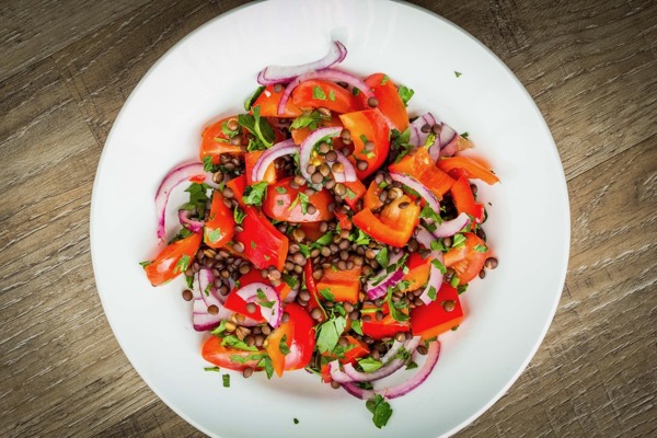 Warm Lentil, Tomato and Red Onion Salad with Tahini Cream